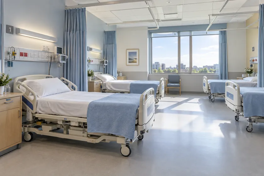 general medical ward scene; illustrative layout, not an actual customer installation